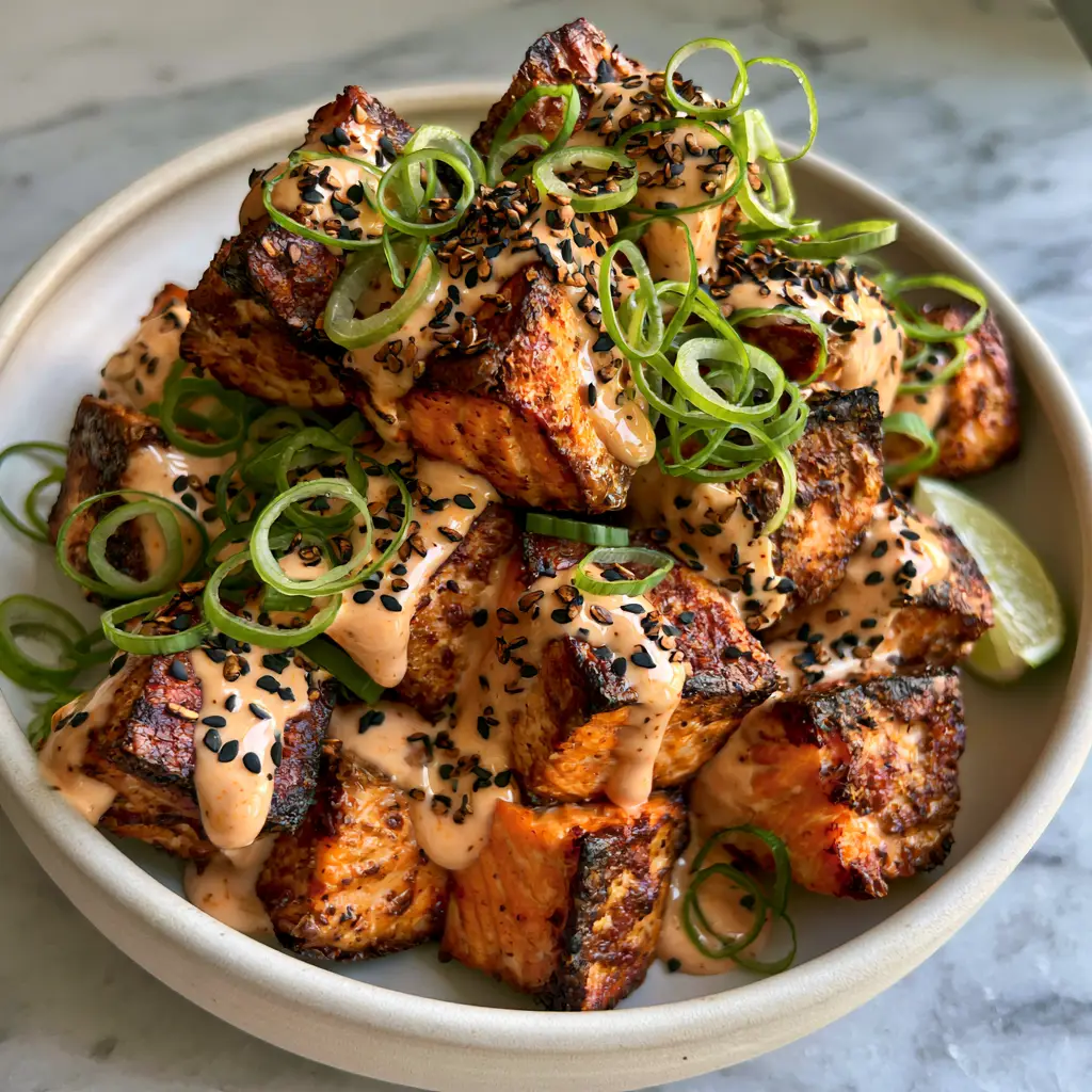 Top-down view of salmon cubes heavily garnished with green scallions and toasted black sesame seeds. (Bang Bang Salmon Bites)