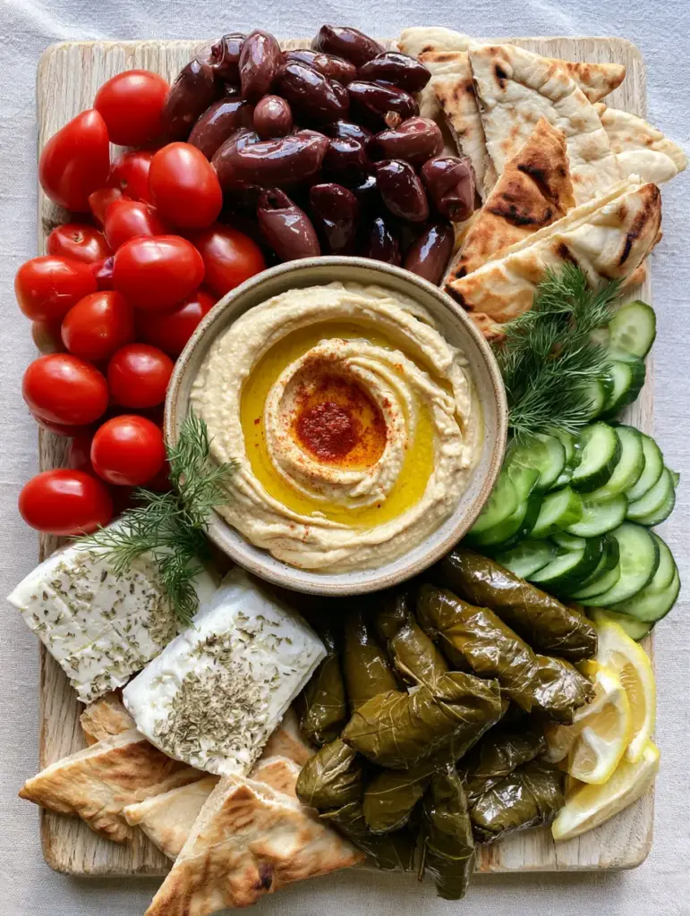 Close up of creamy hummus with a deep olive oil swirl and red paprika garnish surrounded by Greek appetizers. (Greek appetizer recipes)