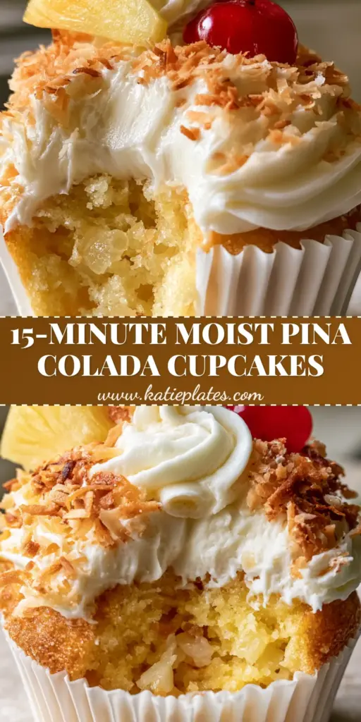 Pina Colada Cupcakes with Silky Coconut Buttercream and Toasted Coconut 4 A handheld photo of a single Pina Colada cupcake with a bite taken out, showing the moist golden crumb and crushed pineapple, topped with a tall white frosting swirl, toasted coconut, a pineapple wedge, and a cherry.