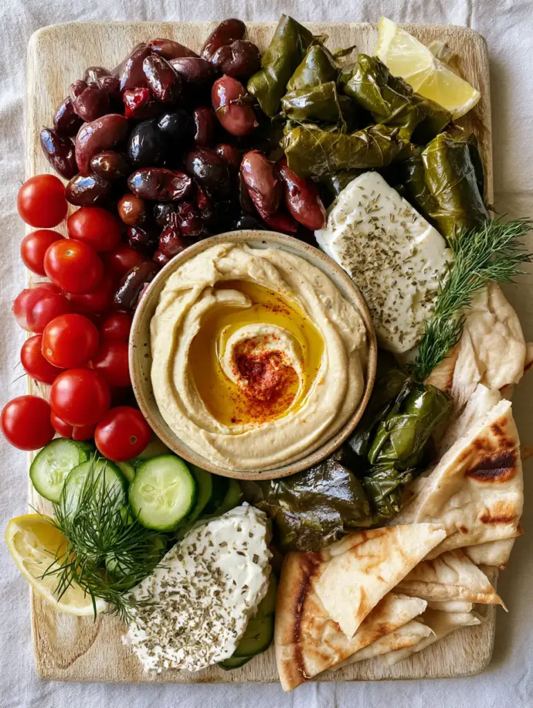 Greek Appetizer Recipes: The Ultimate Abundant Meze Platter 1 Abundant Greek meze platter on a rustic light wood board with feta, kalamata olives, and charred pita triangles.