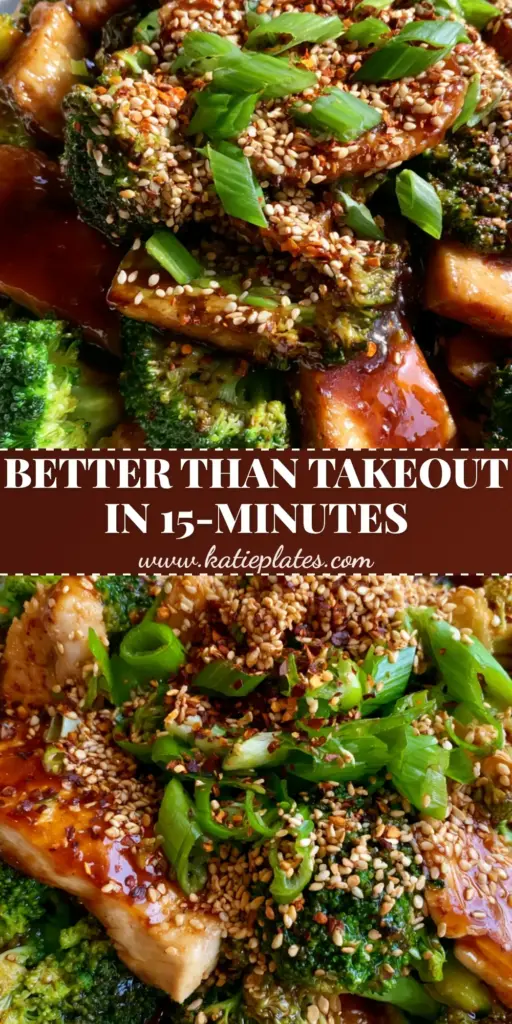 A close-up of a Chinese takeout recipe featuring chicken and broccoli in a mahogany glaze with sesame seeds. (Chinese takeout recipe)