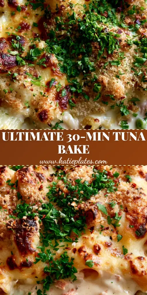 A close-up of a bubbling tuna pasta bake in a charcoal ceramic dish topped with melted mozzarella, golden panko, and fresh parsley.
