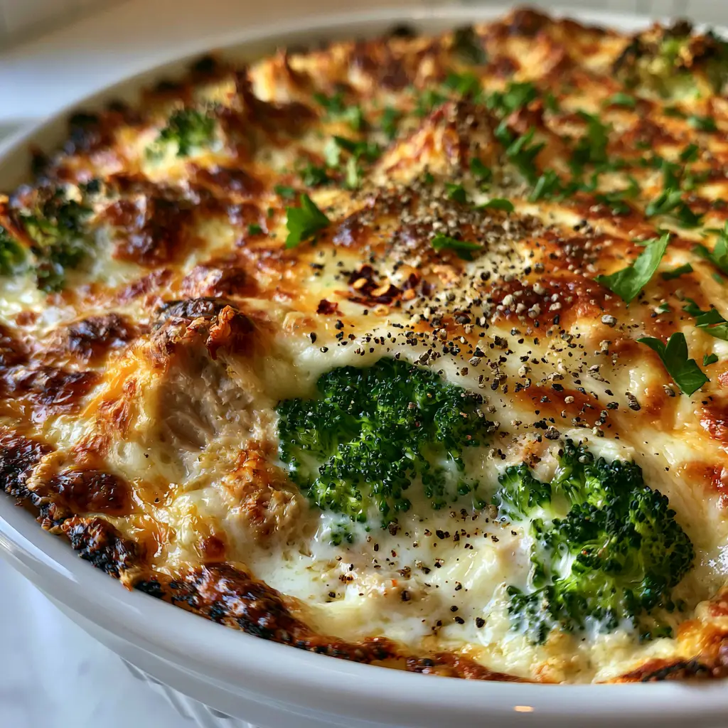 Tuna Broccoli Bake: The Ultimate Cheesy Low-Carb Comfort Casserole 2 Close-up of a Tuna Broccoli Bake showing large albacore flakes and vibrant green broccoli under melted cheese.