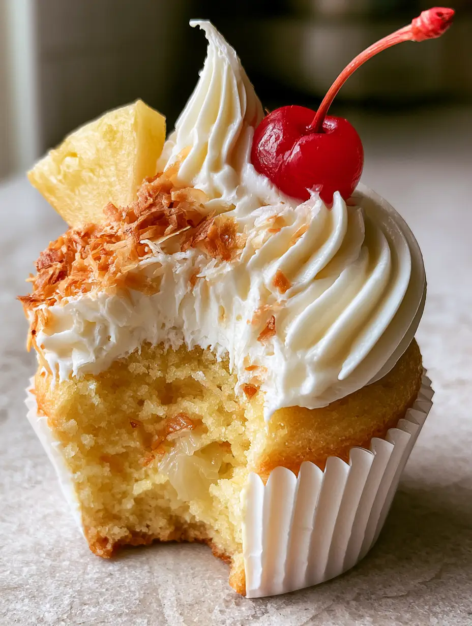 Pina Colada Cupcakes with Silky Coconut Buttercream and Toasted Coconut 3 Close-up of a Pina Colada cupcake in a white liner featuring a tall swirling peak of white coconut buttercream frosting and golden toasted coconut flakes.