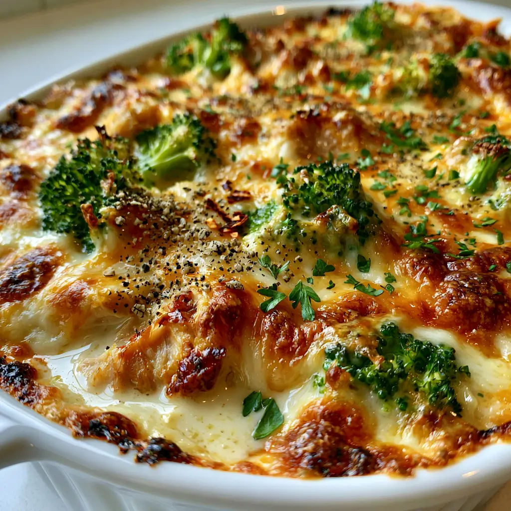 Tuna Broccoli Bake: The Ultimate Cheesy Low-Carb Comfort Casserole 1 A 45-degree angle shot of the Tuna Broccoli Bake highlighting the crispy charred cheese edges.