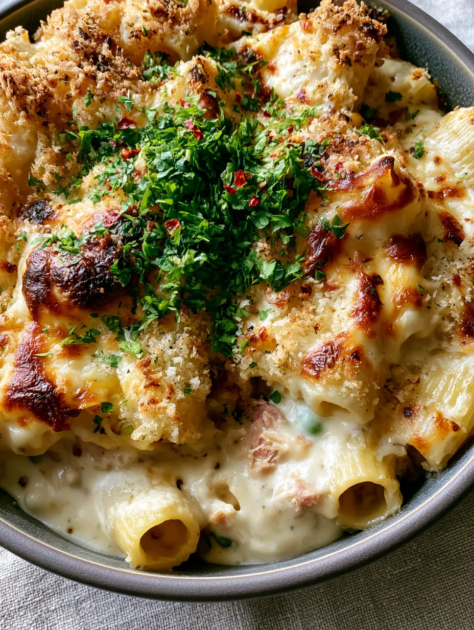 Top-down view of a premium tuna pasta bake with bubbling cheese, charred spots, and green peas visible in a grey stoneware dish.