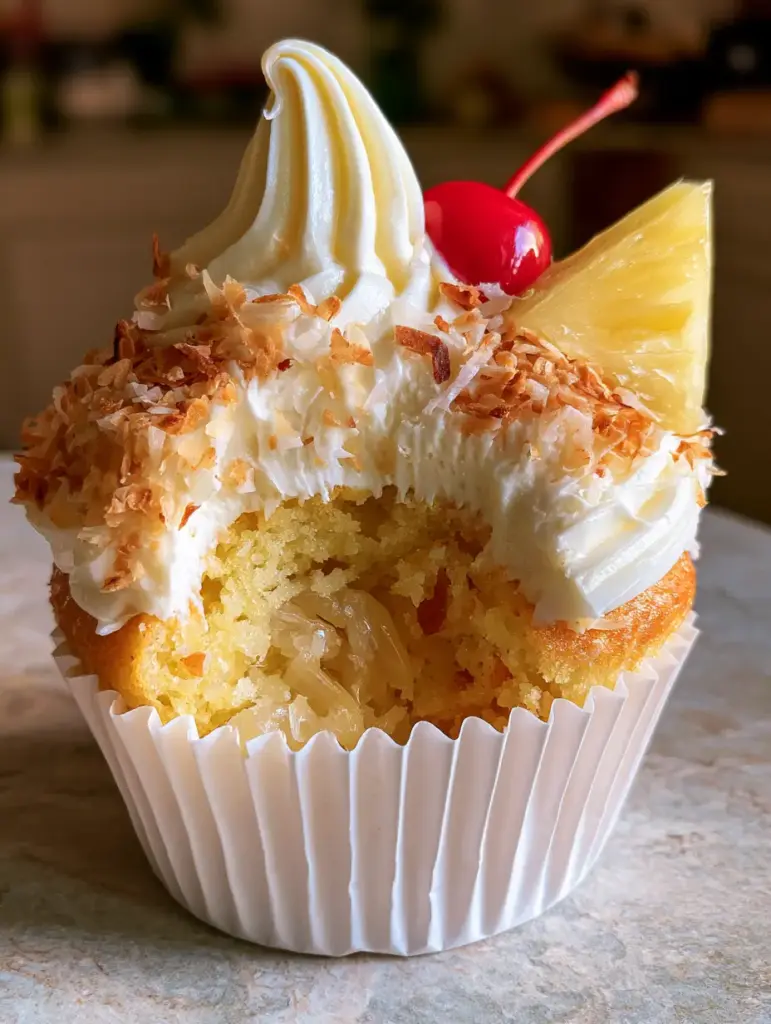 Pina Colada Cupcakes with Silky Coconut Buttercream and Toasted Coconut 1 A single Pina Colada cupcake showing the bright red maraschino cherry and triangular pineapple wedge garnish against a soft-lit kitchen background.