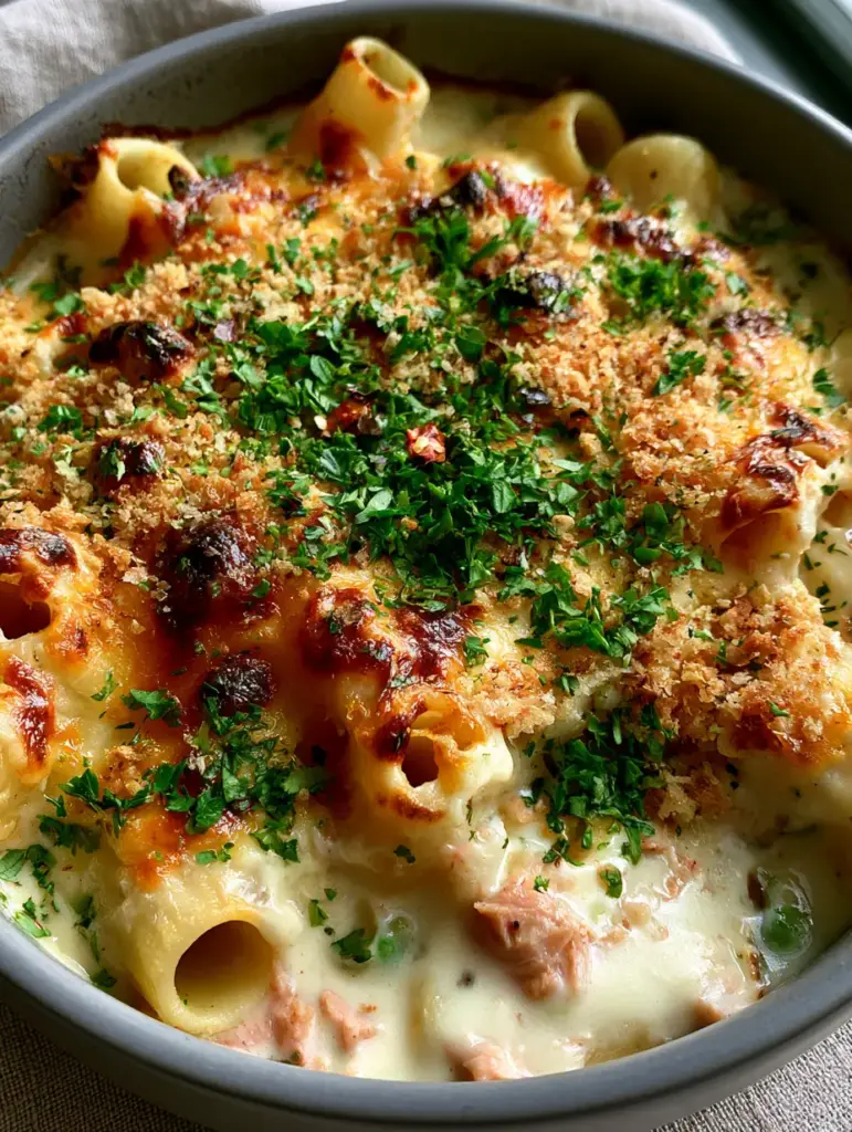 Angled shot of melted sharp cheddar and mozzarella on a tuna pasta bake with a heavy scatter of bright green parsley.