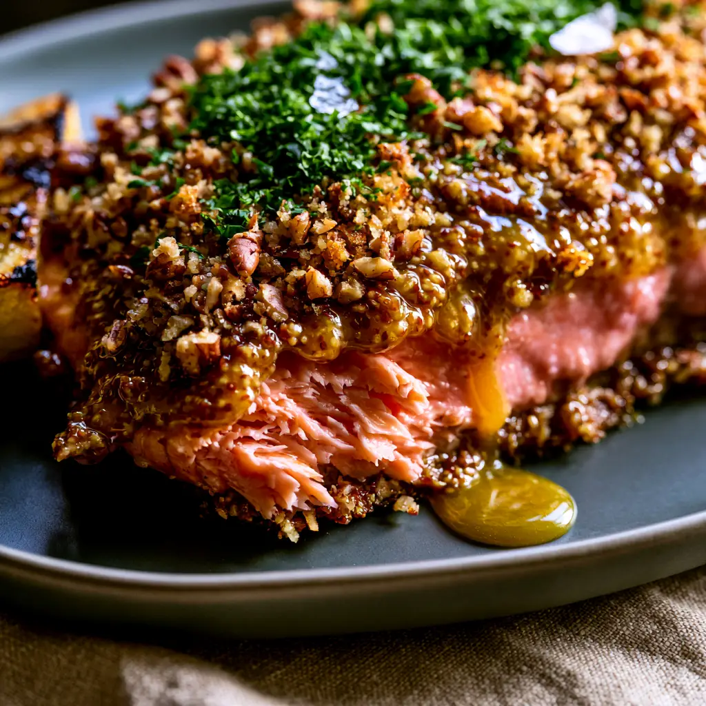 Pecan Crusted Salmon: The Ultimate Maple Mustard Glazed Dinner 2 Macro photography of toasted pecan crust on a vibrant pink salmon fillet. (pecan crusted salmon)
