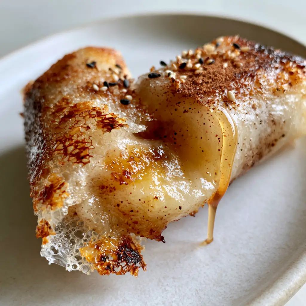 Close-up of crispy rice paper rolls covered in tiny micro-bubbles and charred spots, topped with sesame seeds and honey.
