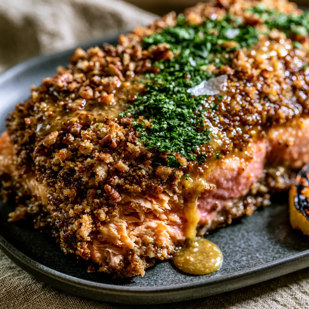 Pecan Crusted Salmon: The Ultimate Maple Mustard Glazed Dinner 1 Slightly bubbling maple mustard glaze dripping down the side of a pecan crusted salmon fillet.