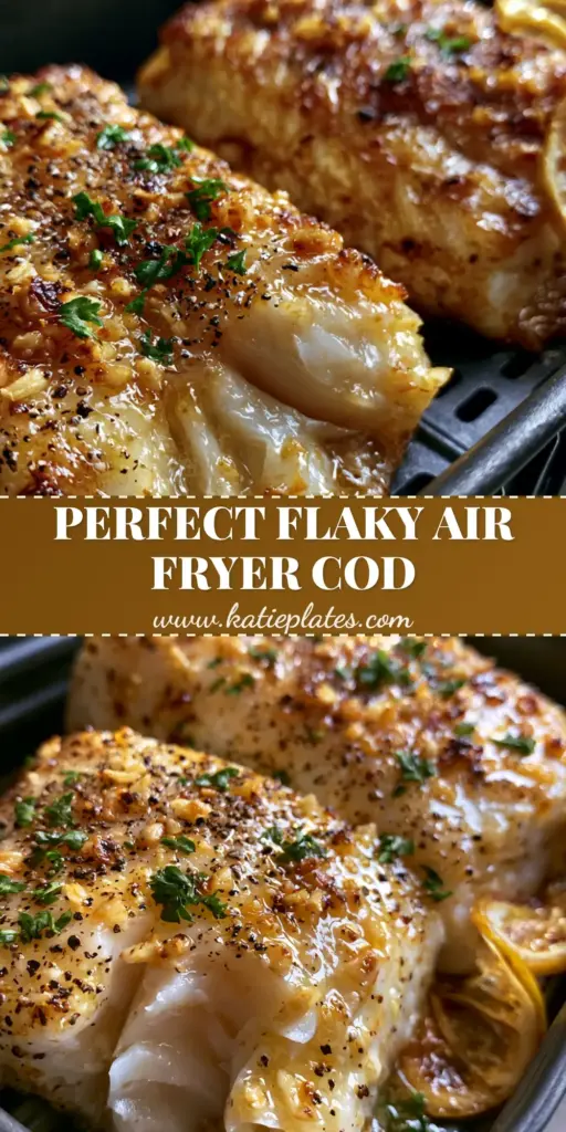 A close up Pinterest Pin showing two thick center-cut cod fillets with a garlic butter glaze and toasted garlic. (Air Fryer Cod Recipe)