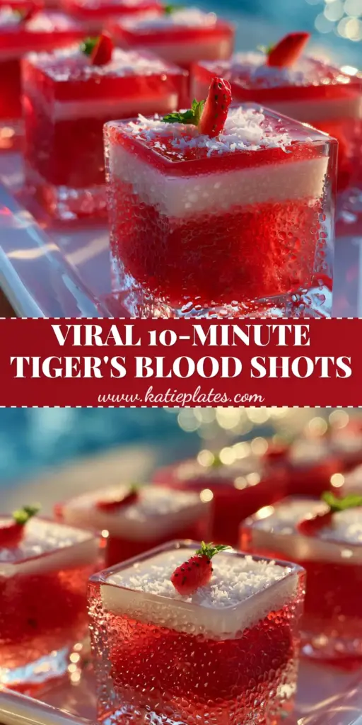 Tiger's Blood Jello Shots with Creamy Coconut Rum Layers 3 A tray of tiger's blood jello shots with layered red and white gelatin in square glasses by a pool. (tiger's blood jello shots)