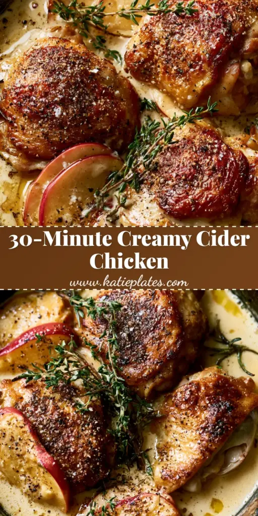 A top-down shot of French Apple Cider Chicken in a black skillet with golden chicken thighs, red apple slices, and fresh herbs. (French Apple Cider Chicken)