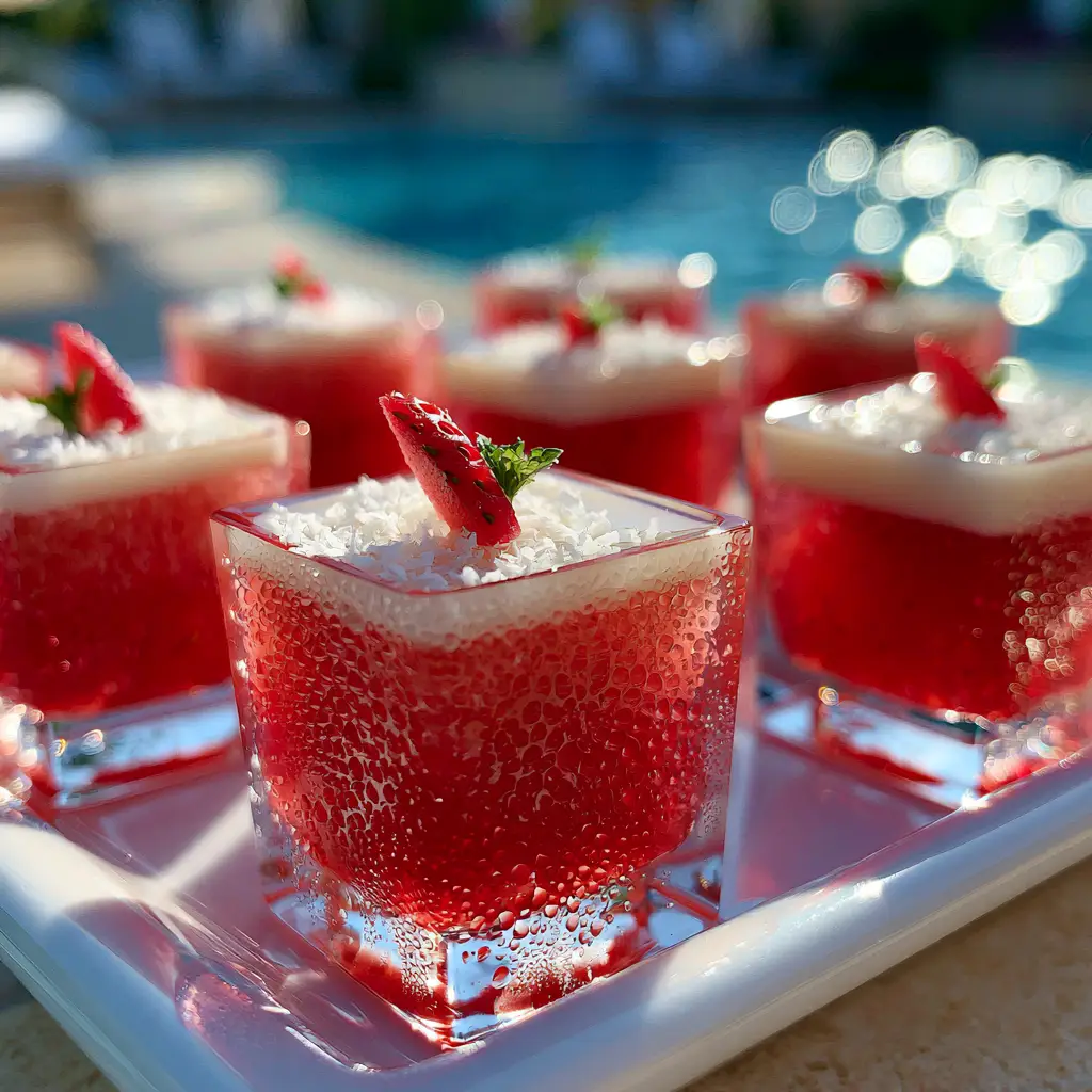 Close up of translucent red and opaque white tiger's blood jello shots with condensation and micro mint. (tiger's blood jello shots)