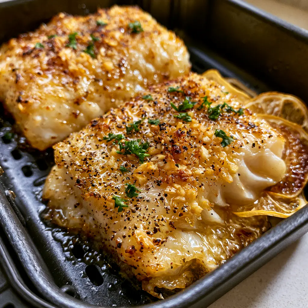 Close-up of moist fish flakes pulling apart on a center-cut cod fillet. (Air Fryer Cod Recipe)