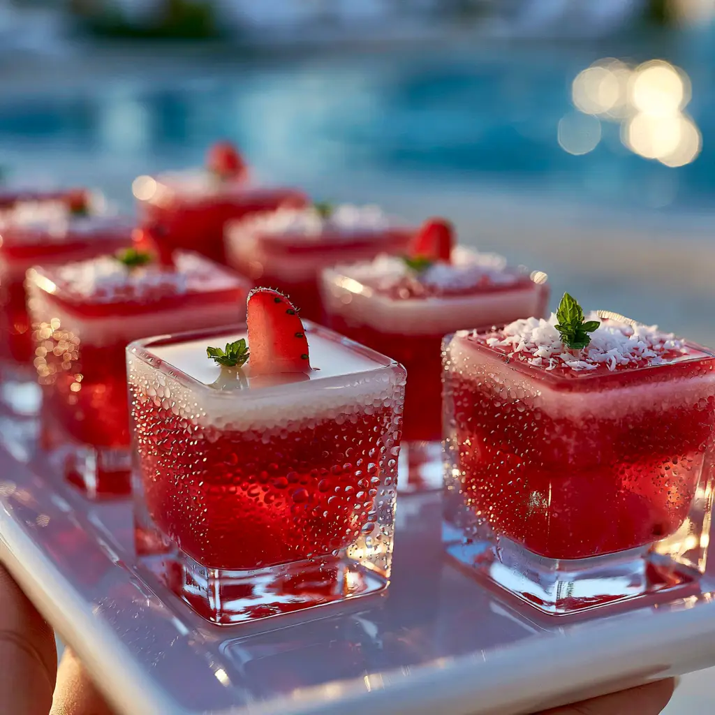 Tiger's Blood Jello Shots with Creamy Coconut Rum Layers 1 Smartphone photo of tiger's blood jello shots on a pool deck during golden hour.