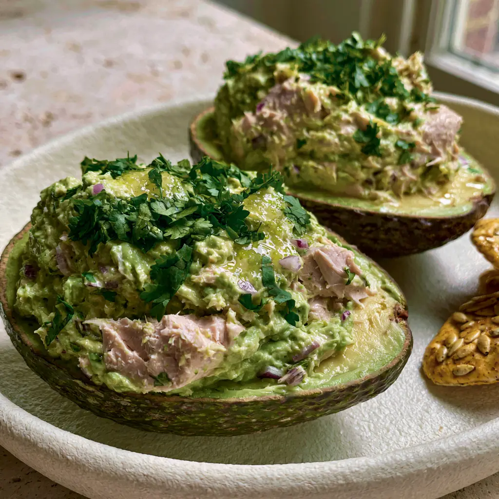 Avocado Tuna Salad: The Ultimate Creamy, Mayo-Free Power Lunch 2 Macro photo showing the texture of chunky albacore tuna and mashed emerald green avocado. (avocado tuna salad)