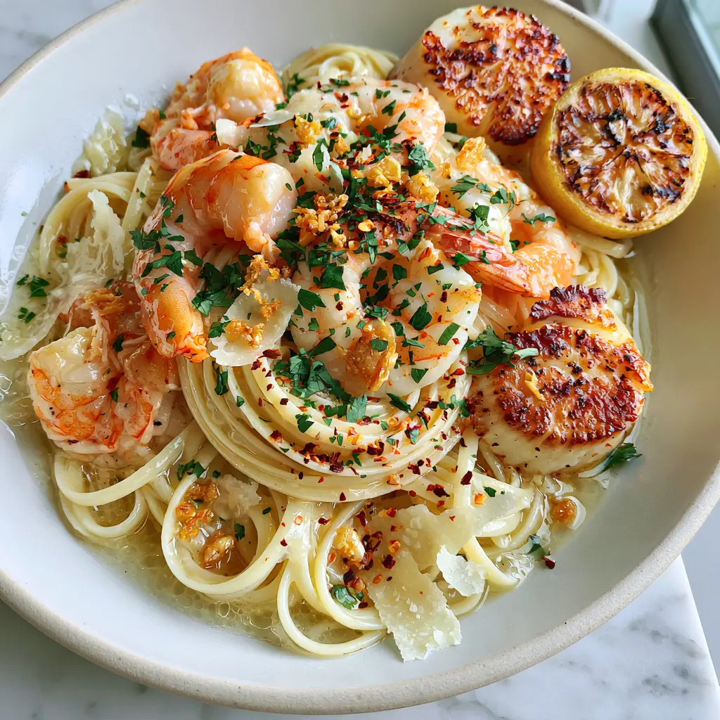 Seafood Pasta Recipe with Seared Scallops and Garlic Wine Sauce 2 Top-down view of linguine with glossy garlic wine sauce and seared seafood. (Seafood pasta recipe)
