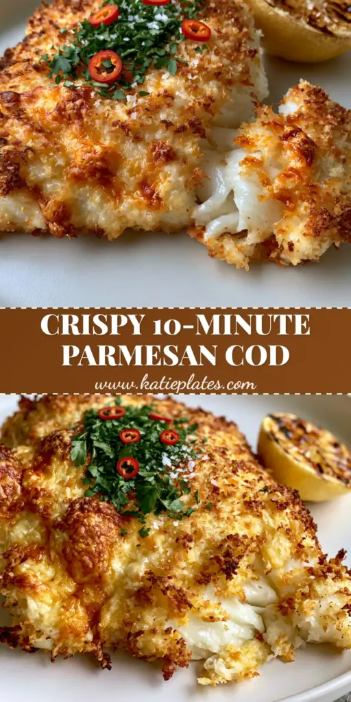 Air Fryer Parmesan Crusted Cod with Crispy Panko and Charred Lemon 4 A thick, golden-brown air fryer parmesan crusted cod fillet on a white plate with charred lemon and red chili garnish.