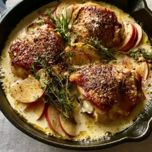Macro shot of French Apple Cider Chicken showing golden-brown crispy skin and a thick, velvety cream sauce with apple slices. (French Apple Cider Chicken)