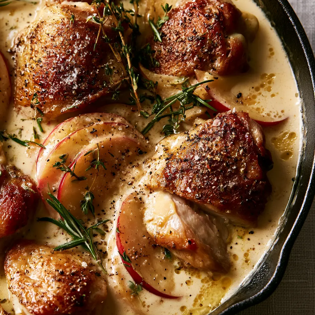 Overhead view of a matte black cast iron skillet containing French Apple Cider Chicken with rosemary, thyme, and red-skinned apples.