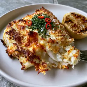 Close up of air fryer parmesan crusted cod showing the craggy, toasted panko peaks and pearlescent white fish flakes.