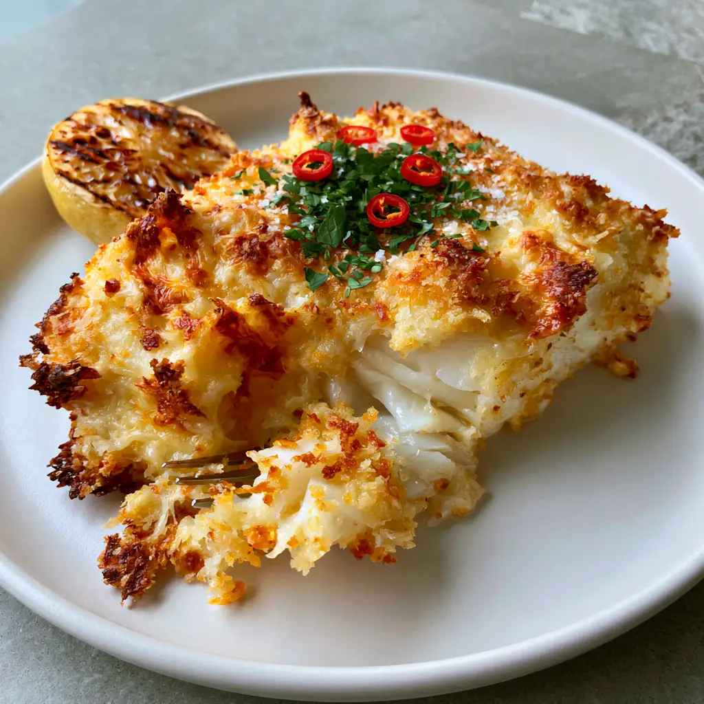 Air Fryer Parmesan Crusted Cod with Crispy Panko and Charred Lemon 1 Air fryer parmesan crusted cod served on a matte ceramic plate with a charred lemon half and fresh parsley.