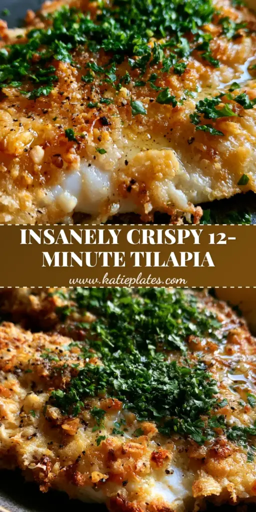 A close-up of a baked tilapia fillet with a thick golden-brown parmesan crust, garnished with fresh parsley and lemon. (Parmesan Crusted Tilapia)