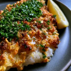 Extreme macro close-up of a tilapia fillet showing a craggy, golden-brown parmesan crust with toasted garlic bits. (Parmesan Crusted Tilapia)