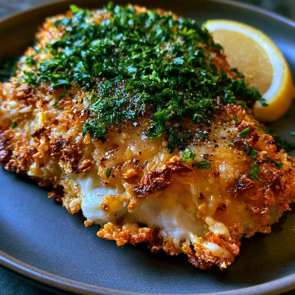 Authentic smartphone-style photo of parmesan crusted tilapia with lemon juice droplets and fresh parsley on a matte plate.