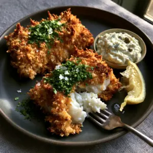 Close-up of thick, jagged panko breading on air fryer panko cod fillets with visible parsley garnish.