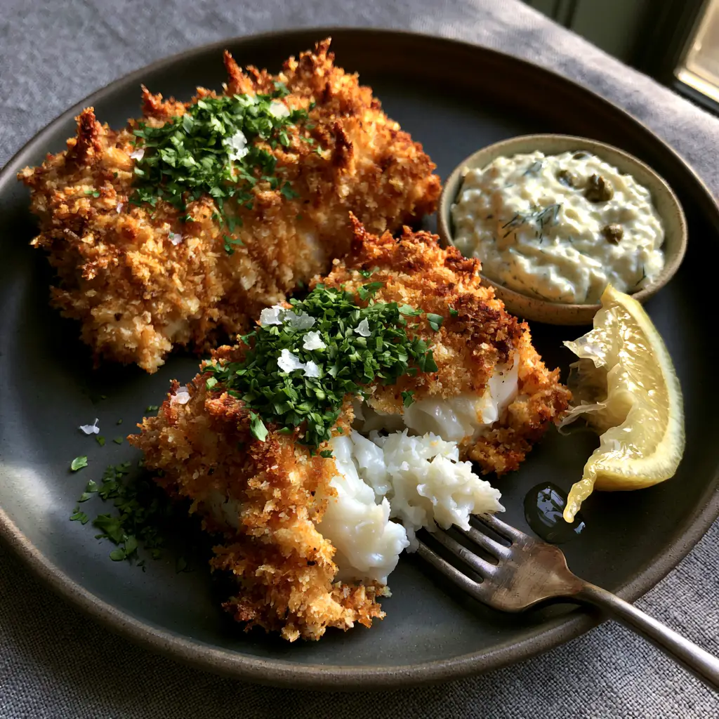 Air Fryer Panko Cod Fillets with Creamy Dill Tartar Sauce 2 Close-up of thick, jagged panko breading on air fryer panko cod fillets with visible parsley garnish.