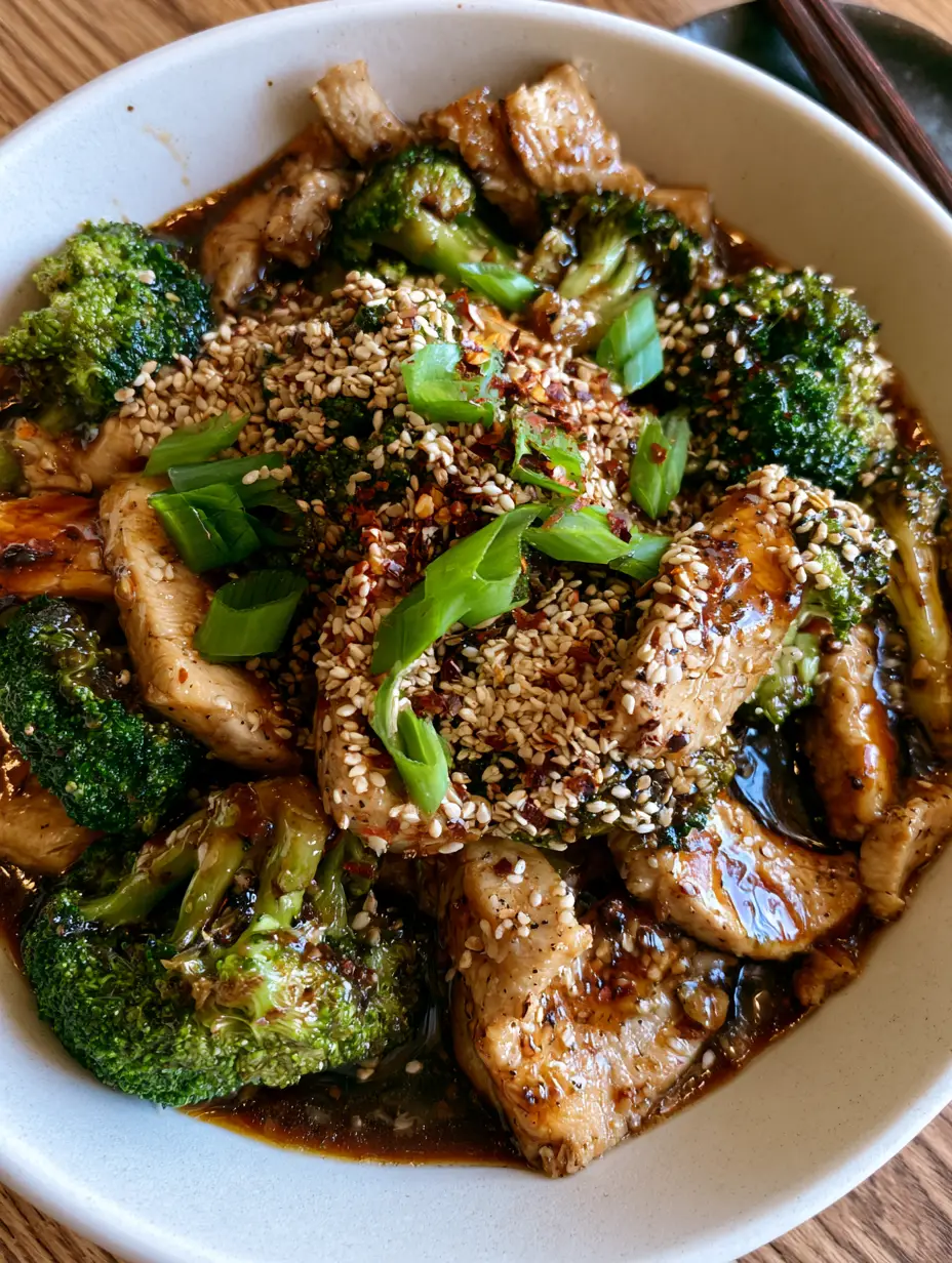 Top-down view of velveted chicken and emerald broccoli in a dark umami glaze. (Chinese takeout recipe)