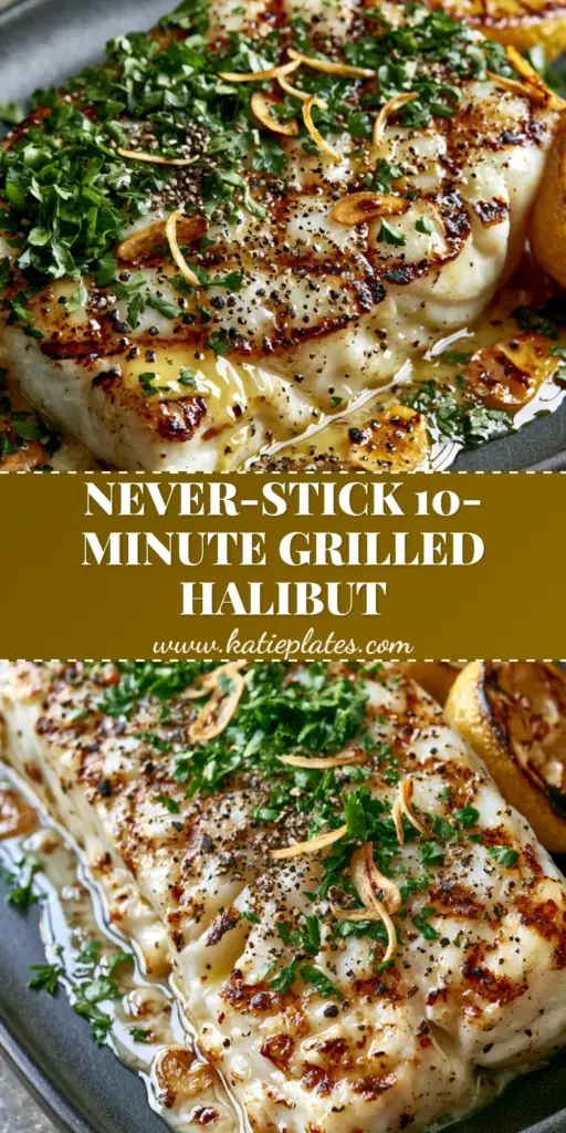 Close-up of a grilled halibut fillet with charred lemon and garlic butter sauce. (grilled halibut recipe)