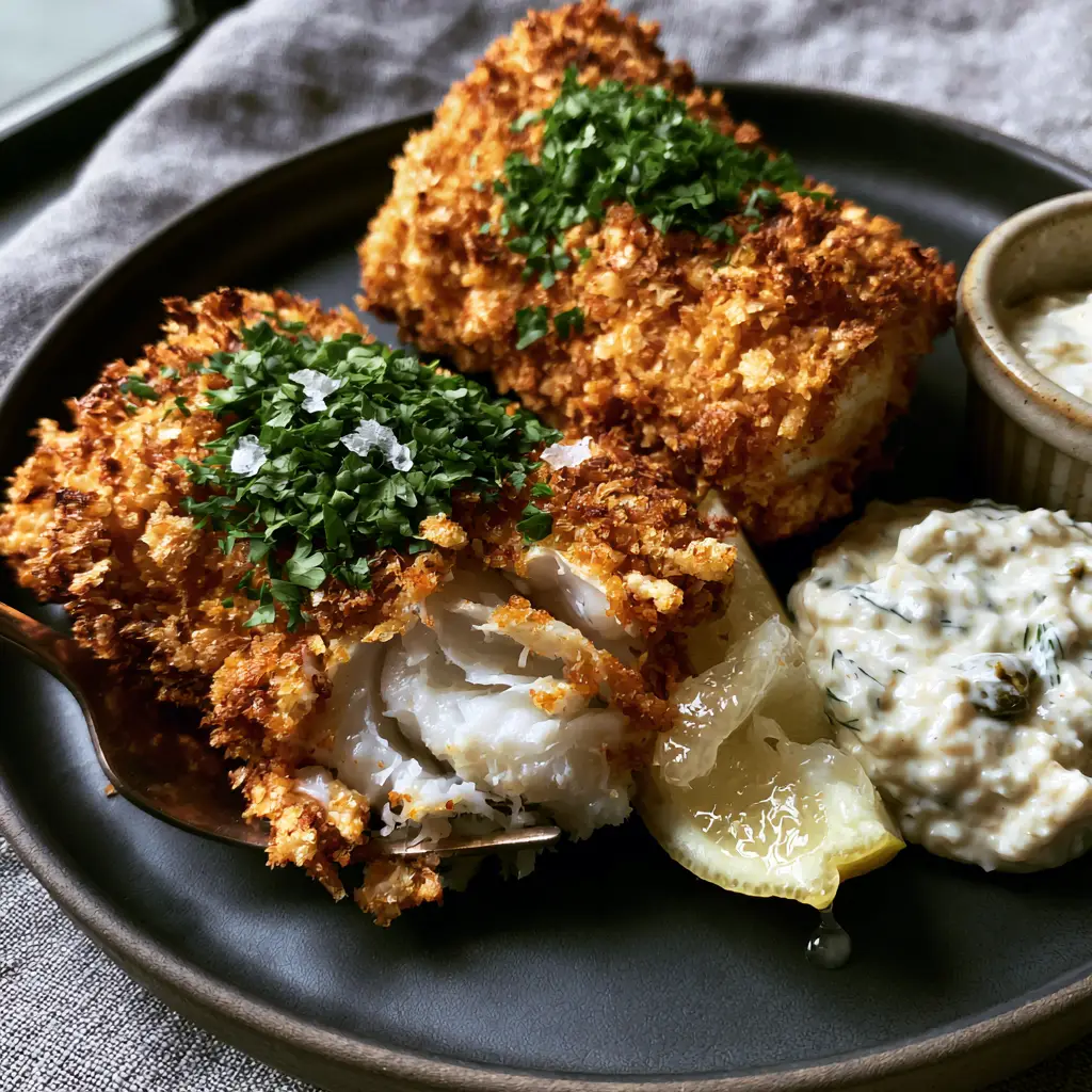 Air Fryer Panko Cod Fillets with Creamy Dill Tartar Sauce 1 One air fryer panko cod fillet flaked open with a fork to reveal steaming pearlescent white fish meat.