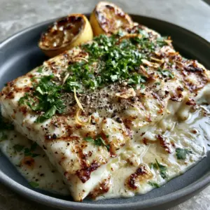 Top-down extreme close-up of snowy-white grilled halibut with golden grill marks and lemon garlic butter. (grilled halibut recipe)