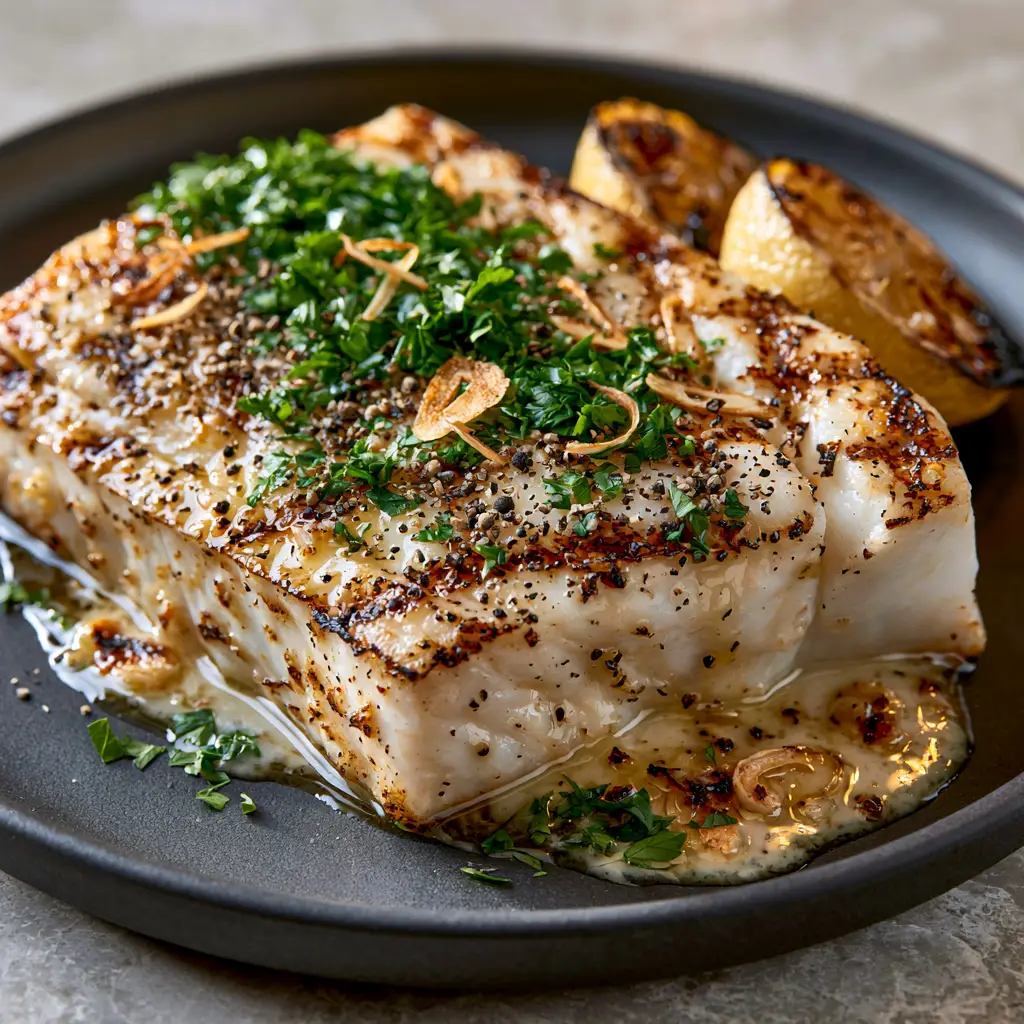 Grilled halibut fillet drizzled with glossy butter sauce and topped with parsley and toasted garlic slivers.