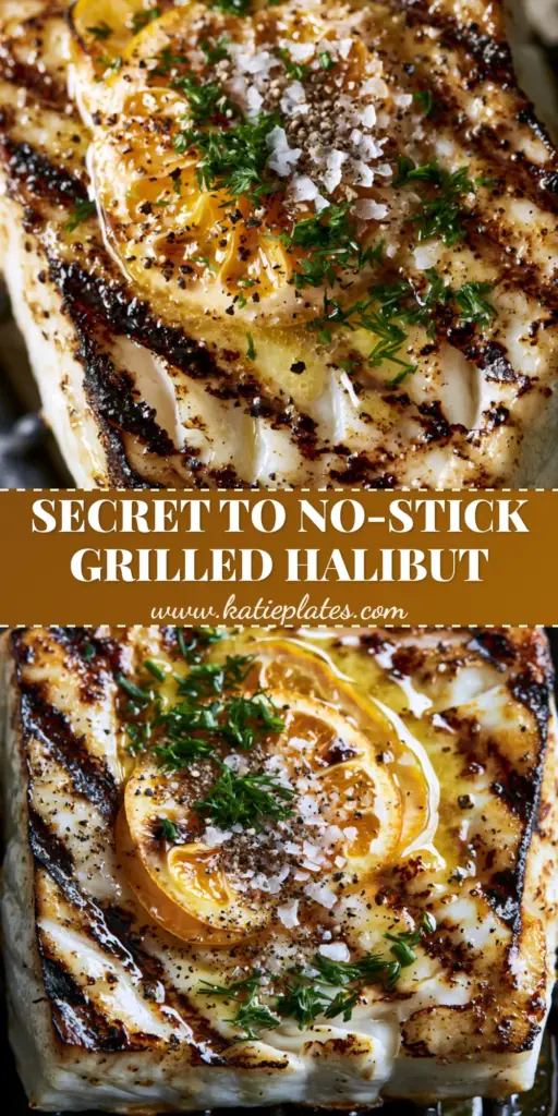 Grilled Halibut with Shimmering Lemon Butter and Charred Meyer Lemons 4 A professional top-down shot of Grilled Halibut with perfect dark sear marks, lemon butter glaze, and fresh dill on a black grill.