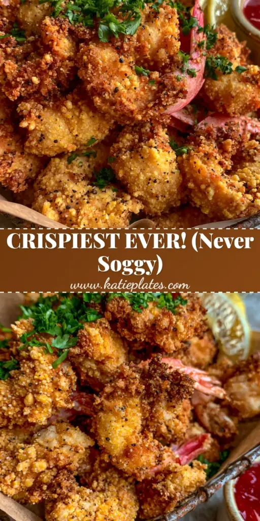 Southern Fried Shrimp with an Ultra-Craggy Cornmeal Crust 4 A towering mountain of Southern Fried Shrimp in a rustic wire basket with golden-brown cornmeal breading and lemon wedges.