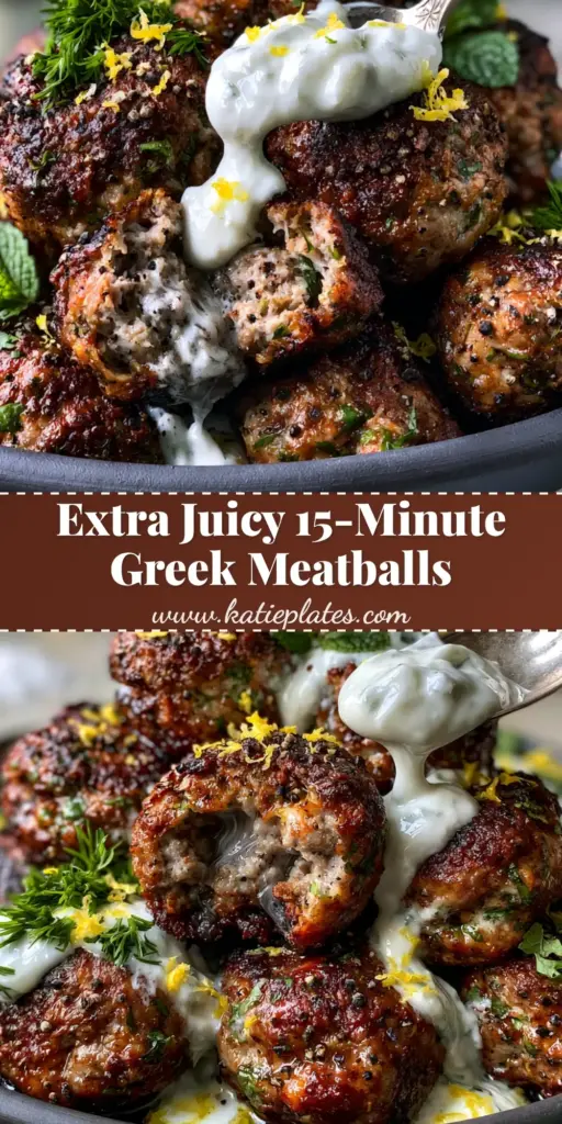 Greek Pork Meatballs with Zesty Tzatziki and Fresh Herbs 4 A stack of seared Greek Pork Meatballs in a dark bowl with tzatziki drizzle and fresh herbs.