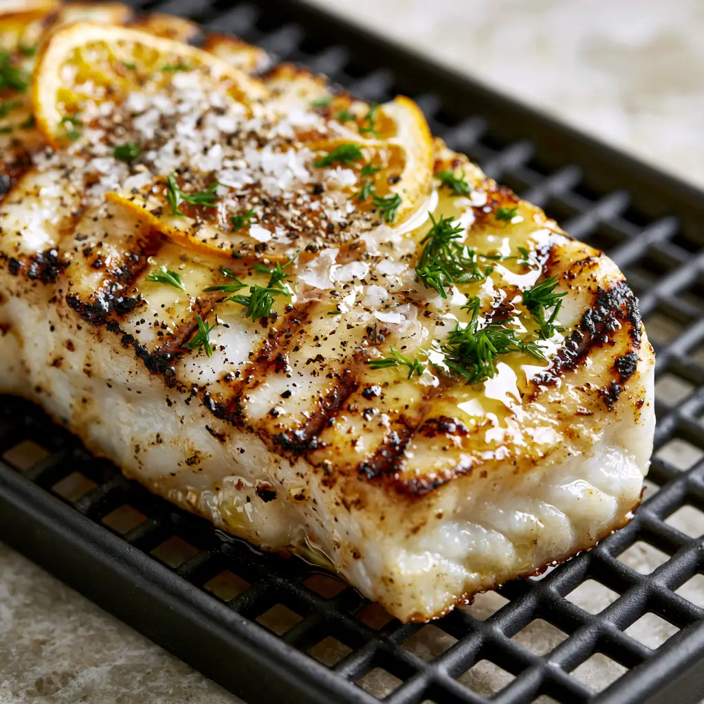 Grilled Halibut with Shimmering Lemon Butter and Charred Meyer Lemons 2 Macro shot of a thick juicy Grilled Halibut steak with diagonal sear marks and pearlescent white flakes.