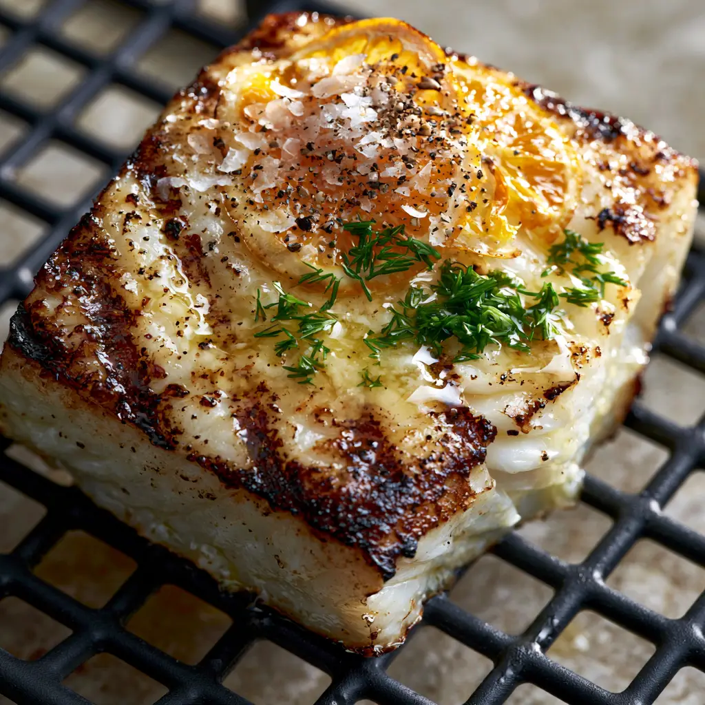 Grilled Halibut with Shimmering Lemon Butter and Charred Meyer Lemons 1 Close up of shimmering lemon butter sauce being drizzled over Grilled Halibut with charred lemons.