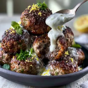 Close-up of Greek Pork Meatballs showing a crispy browned crust and steaming juicy interior.