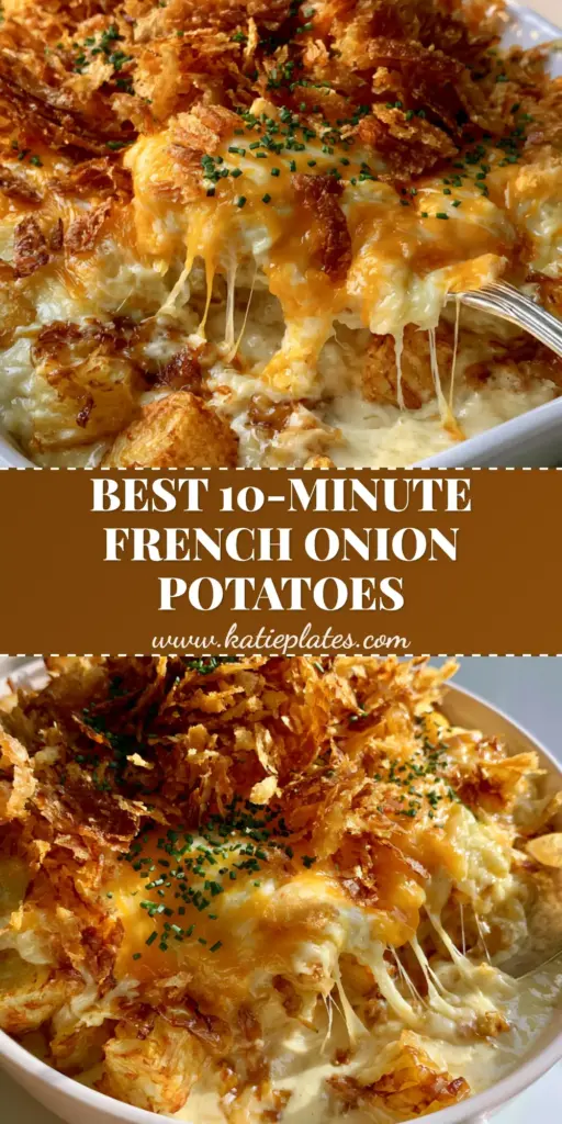 French Onion Funeral Potatoes: The Ultimate Cheesy Hashbrown Casserole 4 A silver serving spoon lifting a portion of French Onion Funeral Potatoes showing a long cheese pull and crispy onion topping.