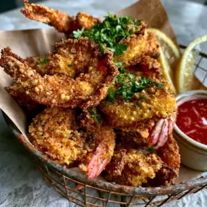 Close-up of jumbo Southern Fried Shrimp showing visible grains of cornmeal, cracked black pepper, and chopped parsley.