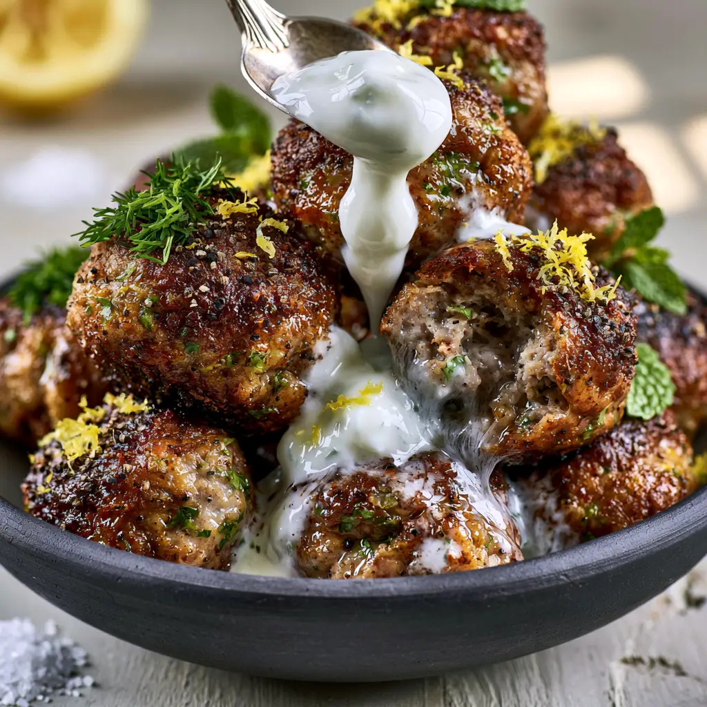 Greek Pork Meatballs with Zesty Tzatziki and Fresh Herbs 1 Greek Pork Meatballs in a dark clay bowl topped with thick white tzatziki sauce and green herbs.