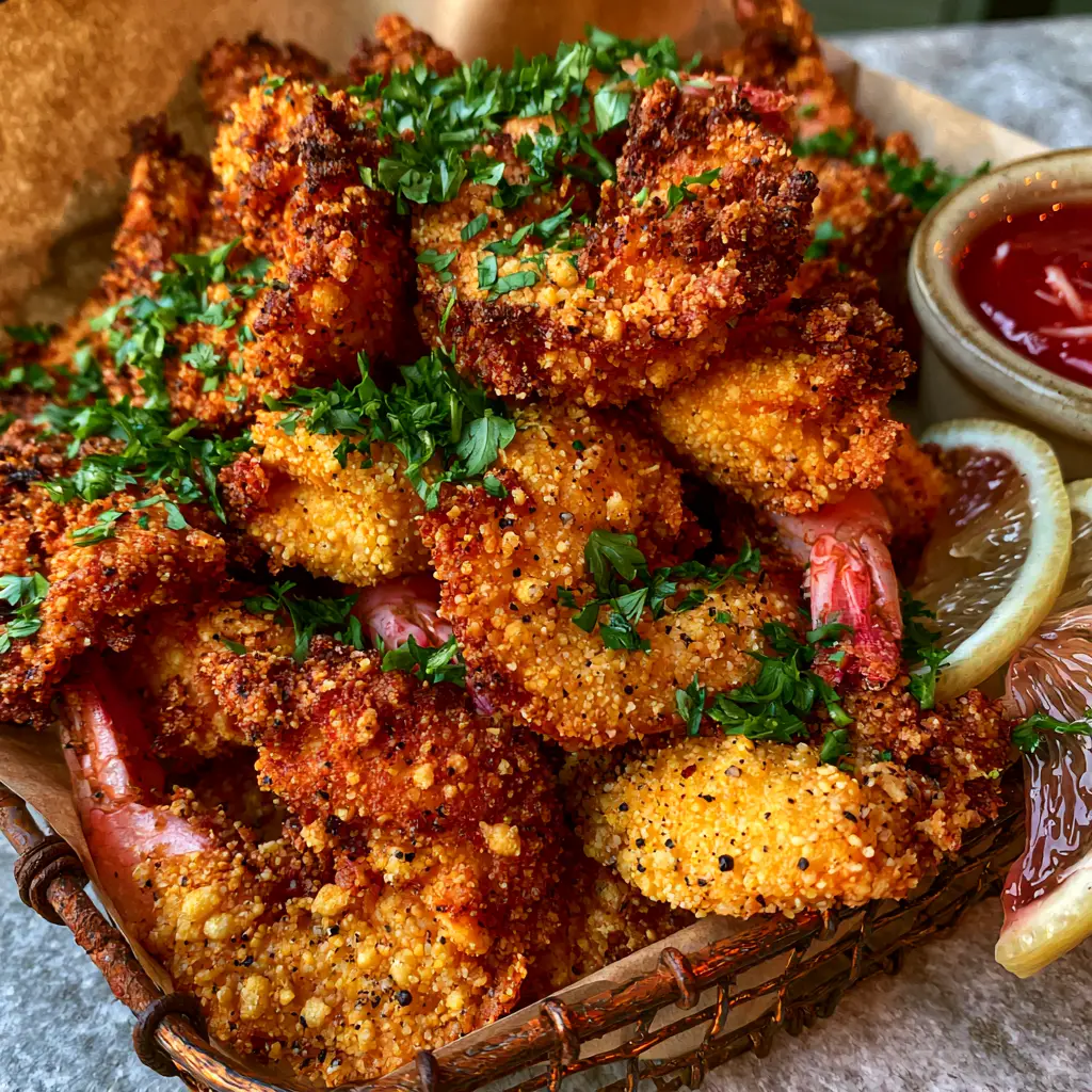 Southern Fried Shrimp with an Ultra-Craggy Cornmeal Crust 1 High-angle view of a wire basket of fried shrimp on brown greaseproof paper next to a ramekin of red cocktail sauce.