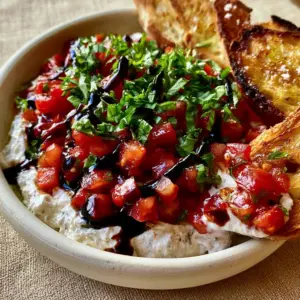 Close-up of whipped herbed cream cheese base topped with vibrant red Roma tomatoes and fresh basil. (Bruschetta Dip)