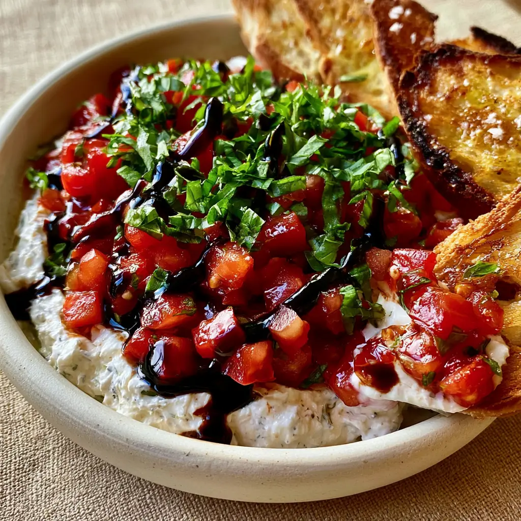 Close-up of whipped herbed cream cheese base topped with vibrant red Roma tomatoes and fresh basil. (Bruschetta Dip)